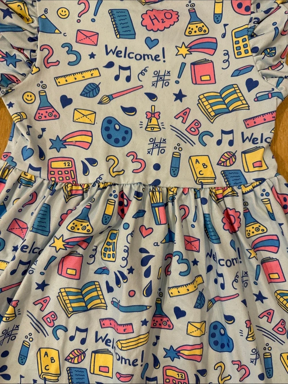 NWOT Girls' Light Blue Back to School Print Flutter-Sleeve Dress size 6-7